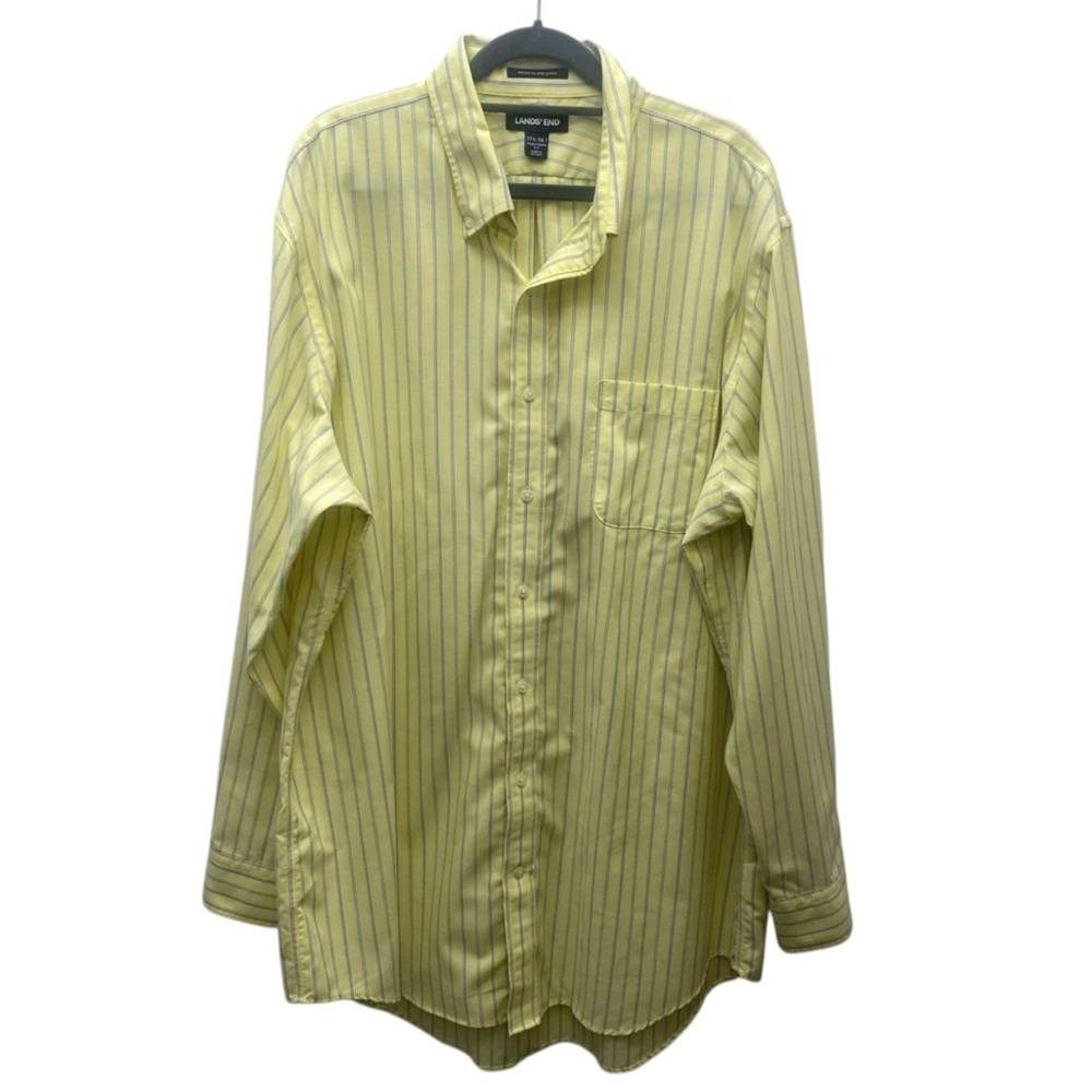 Lands End Supima Cotton Shirt Mens 17.5 36 Tall Yellow Blue Stripe Button Down